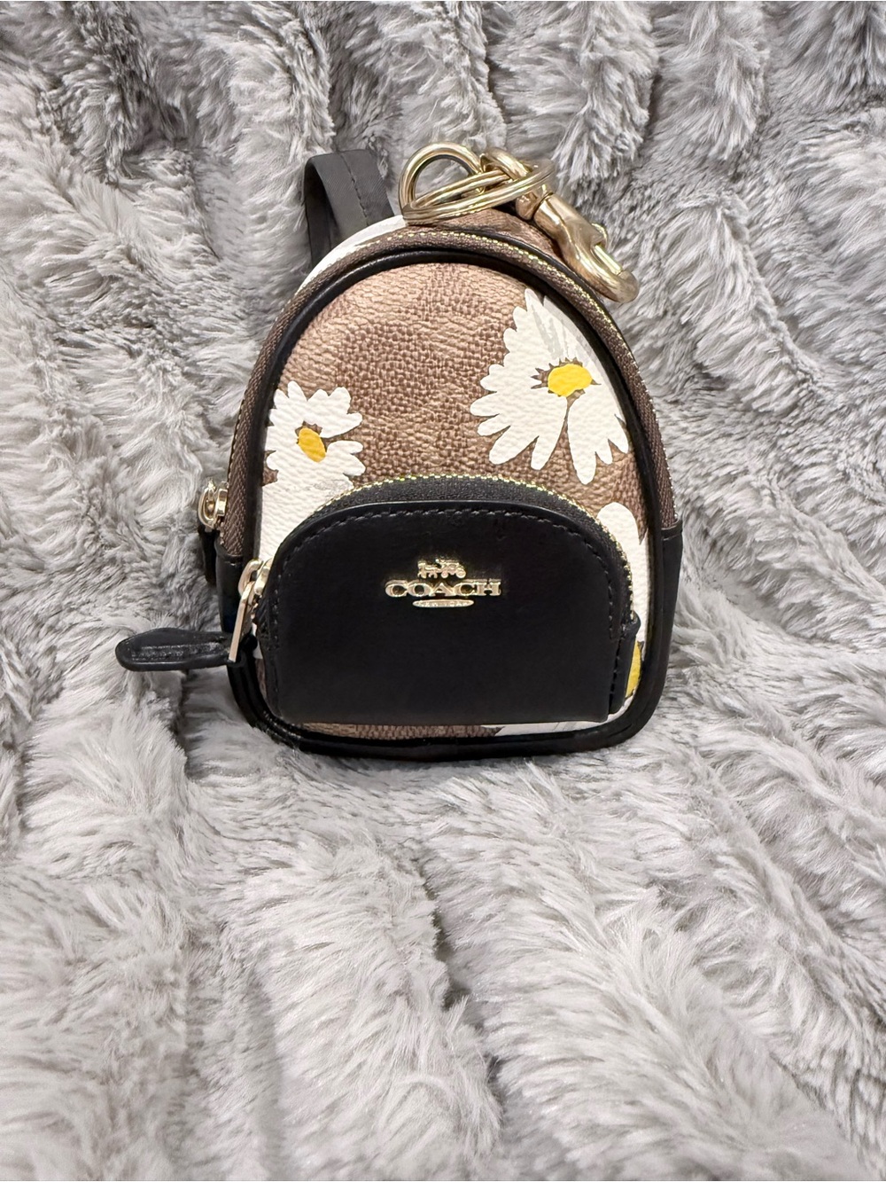 Coach Mini Daisy Backpack Keychain in Brown, Black, White & Yellow